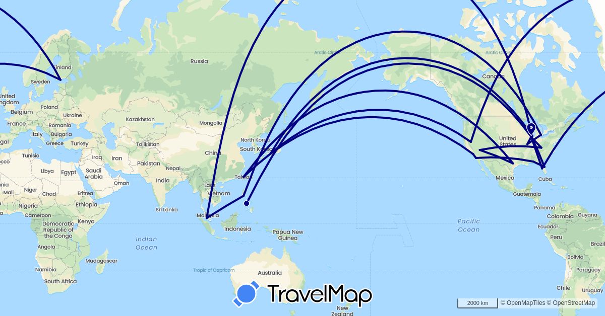 TravelMap itinerary: driving in Finland, Japan, Malaysia, Philippines, Taiwan, United States (Asia, Europe, North America)